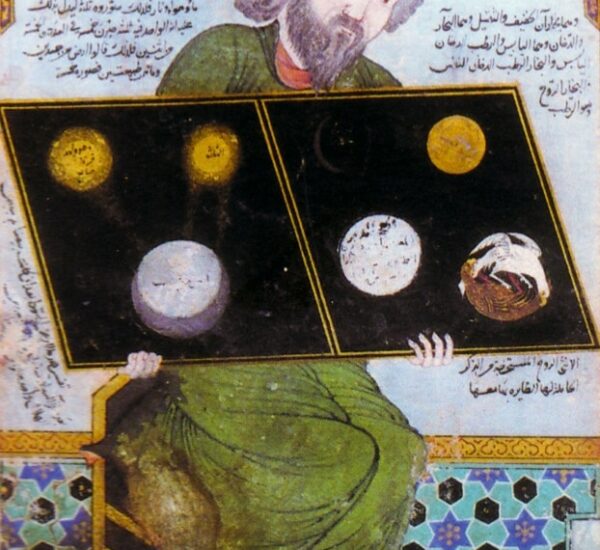 Miniature arabe : un sage barbu en robe verte assis tient une grande tablette noire ornée de cercles célestes