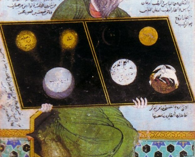 Miniature arabe : un sage barbu en robe verte assis tient une grande tablette noire ornée de cercles célestes
