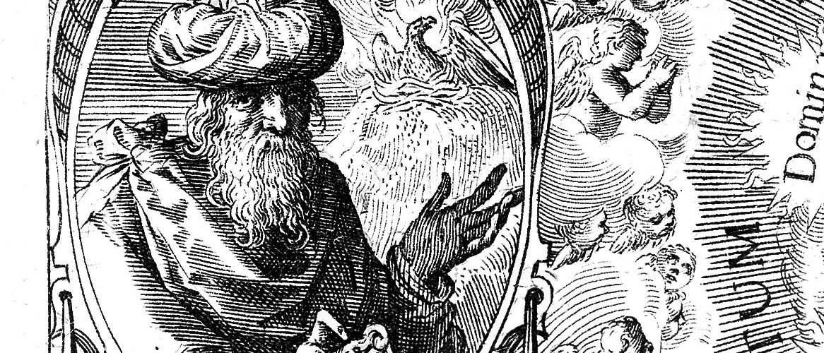 Gravure ancienne : Hermès Trismégiste barbu et enturbanné tenant une tablette où est écrit « Quod est superius est sicut id quod est inferius »