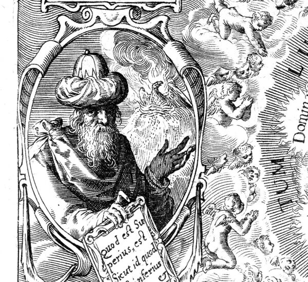 Gravure ancienne : Hermès Trismégiste barbu et enturbanné tenant une tablette où est écrit « Quod est superius est sicut id quod est inferius »