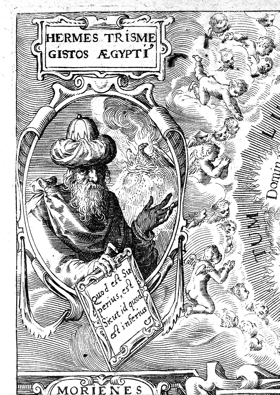 Gravure ancienne : Hermès Trismégiste barbu et enturbanné tenant une tablette où est écrit « Quod est superius est sicut id quod est inferius »
