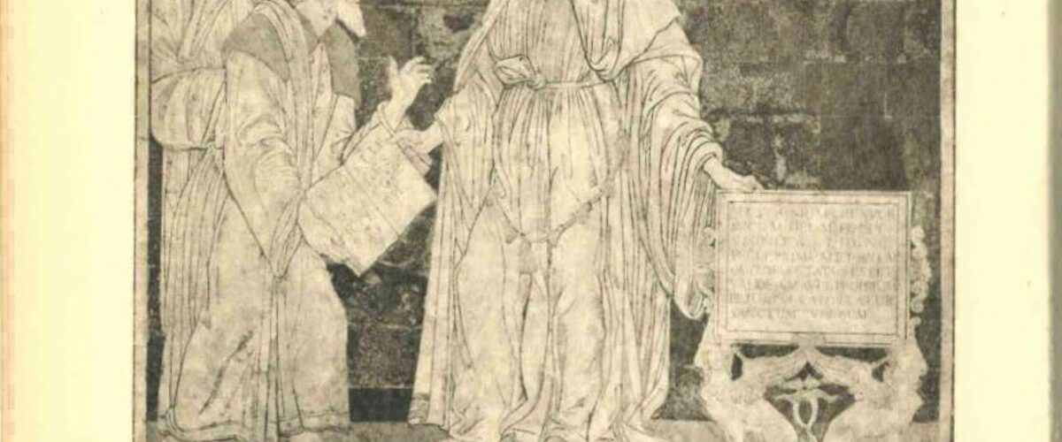 Marqueterie de marbre de la cathédrale de Sienne : Hermès Trismégiste, vieillard barbu au chapeau pointu, tend un livre à deux personnages