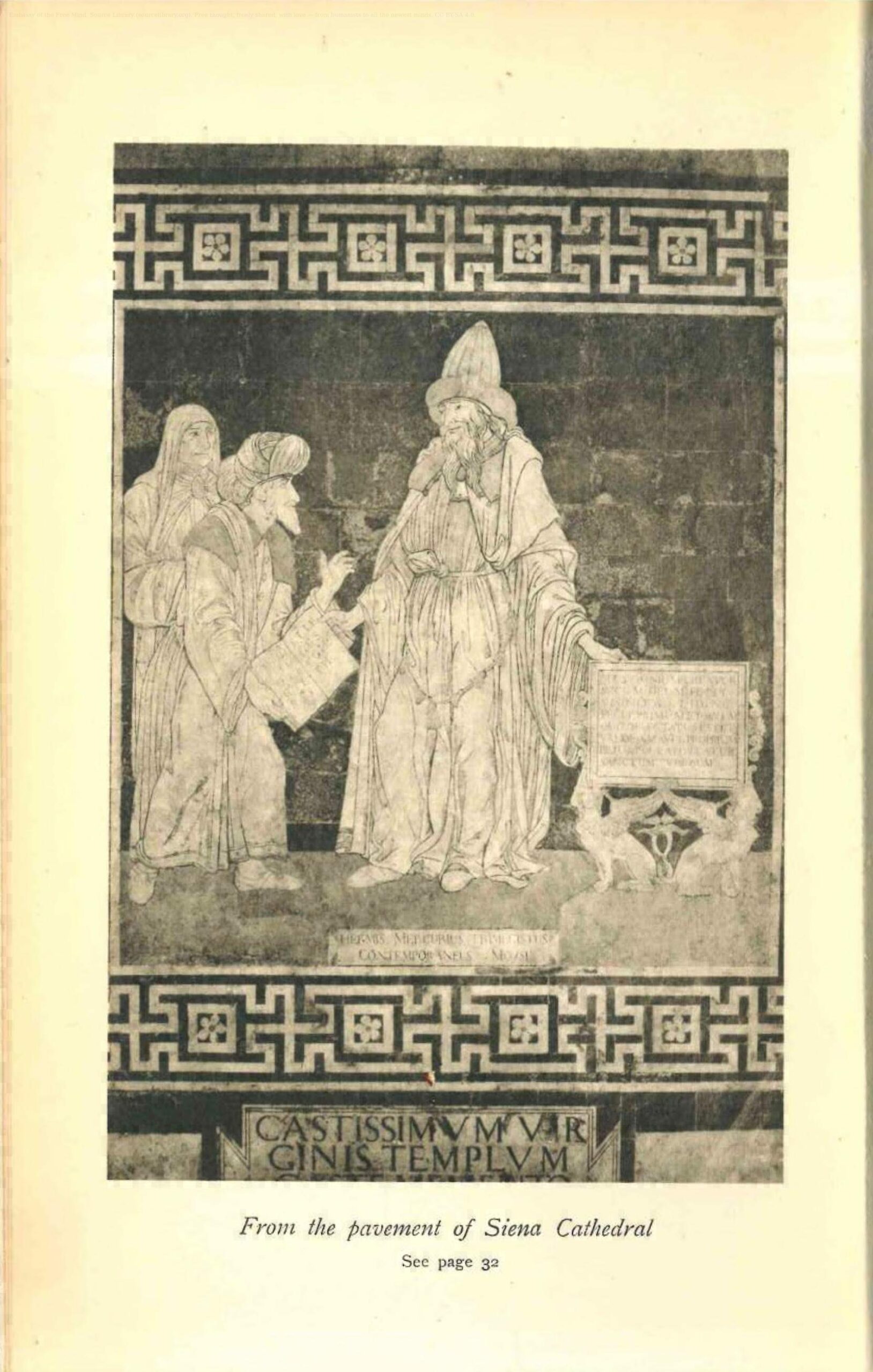 Marqueterie de marbre de la cathédrale de Sienne : Hermès Trismégiste, vieillard barbu au chapeau pointu, tend un livre à deux personnages
