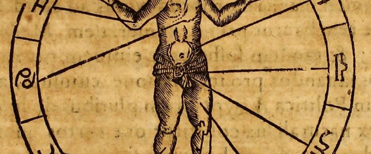 Gravure de Kircher : un homme nu dans une roue zodiacale, des lignes reliant chaque partie du corps à un signe du zodiaque