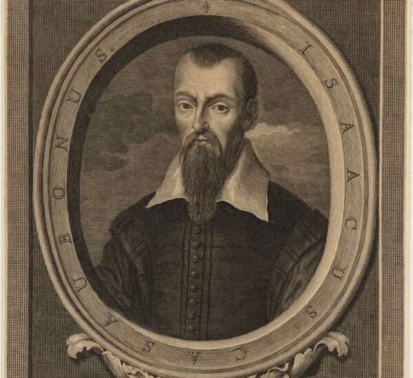 Portrait gravé d'Isaac Casaubon, homme barbu en buste dans un médaillon ovale