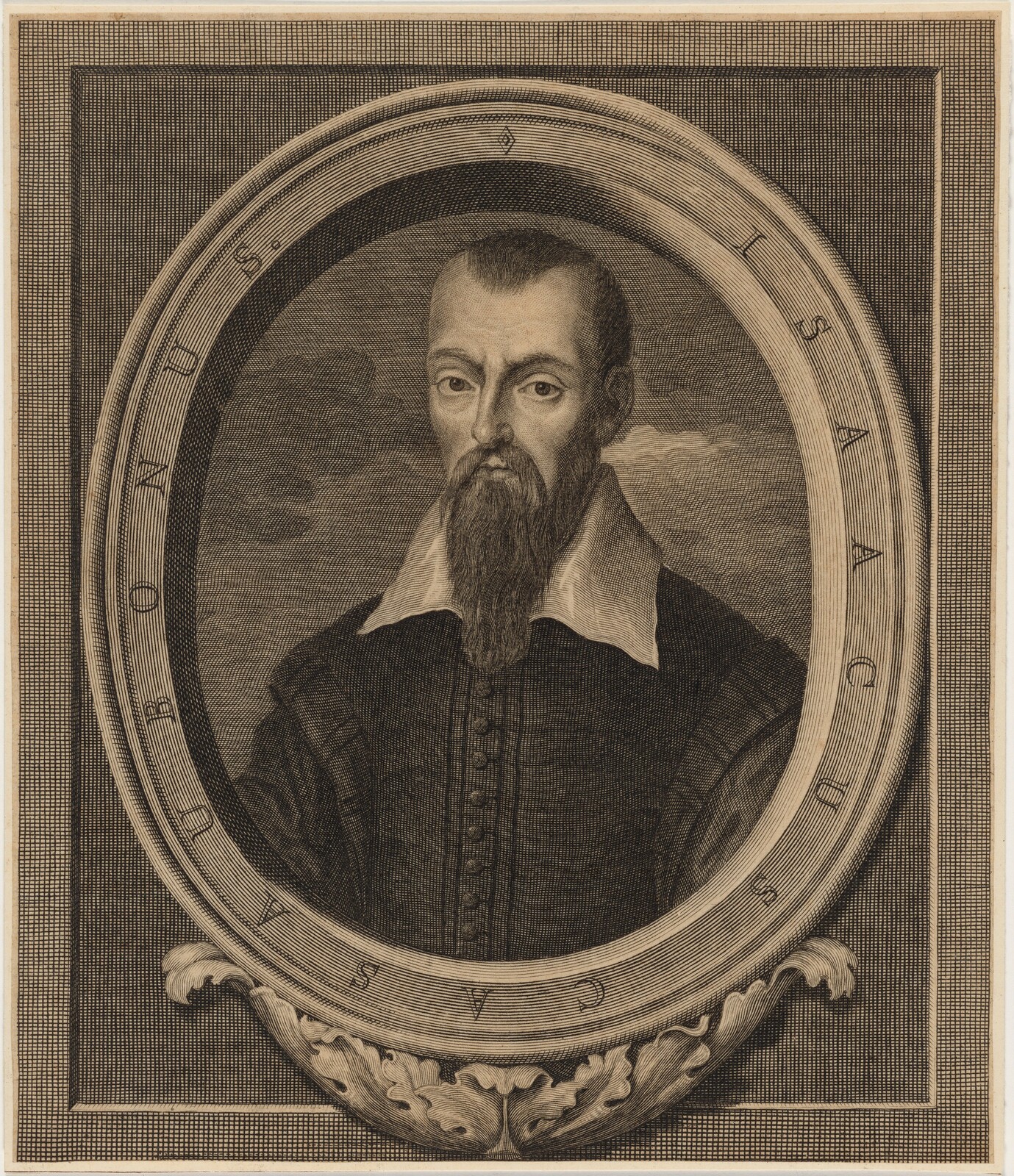 Portrait gravé d'Isaac Casaubon, homme barbu en buste dans un médaillon ovale