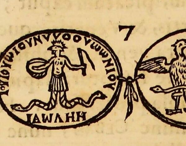 Gravure de Kircher : quatre médaillons de gemmes magiques, dont deux montrent Abraxas, figure à tête de coq, corps humain et jambes en serpents, tenant un bouclier et un fouet