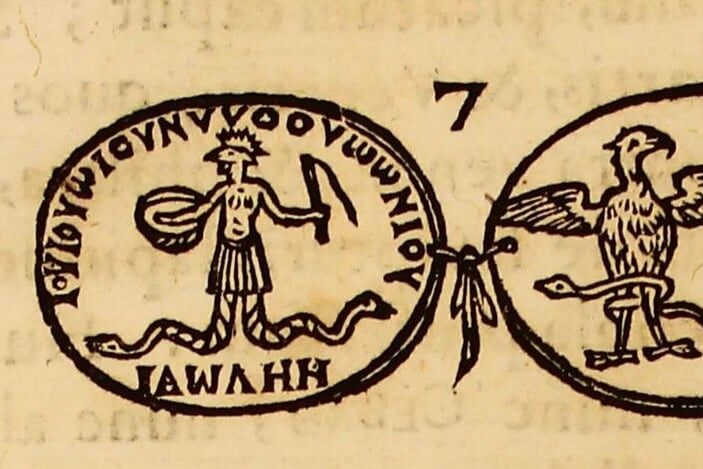 Gravure de Kircher : quatre médaillons de gemmes magiques, dont deux montrent Abraxas, figure à tête de coq, corps humain et jambes en serpents, tenant un bouclier et un fouet
