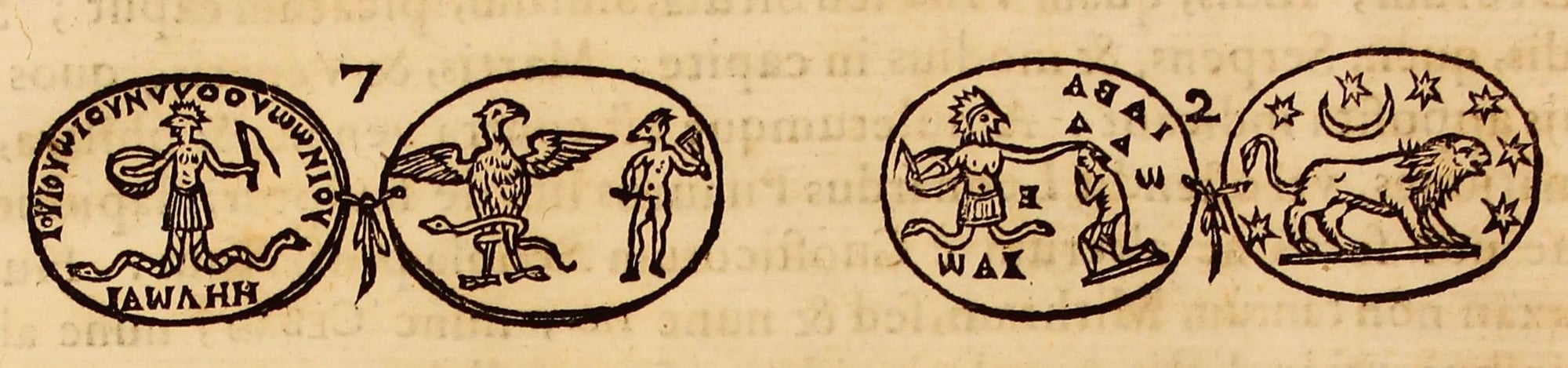 Gravure de Kircher : quatre médaillons de gemmes magiques, dont deux montrent Abraxas, figure à tête de coq, corps humain et jambes en serpents, tenant un bouclier et un fouet