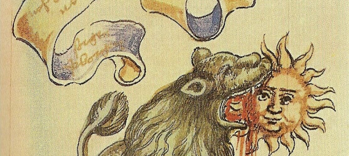 Gravure sur bois du Rosarium philosophorum : un lion vert mord un soleil à visage humain dont le sang s'écoule