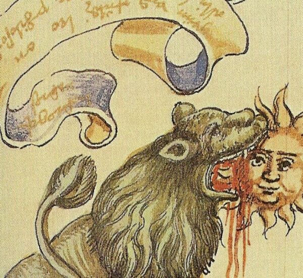 Gravure sur bois du Rosarium philosophorum : un lion vert mord un soleil à visage humain dont le sang s'écoule