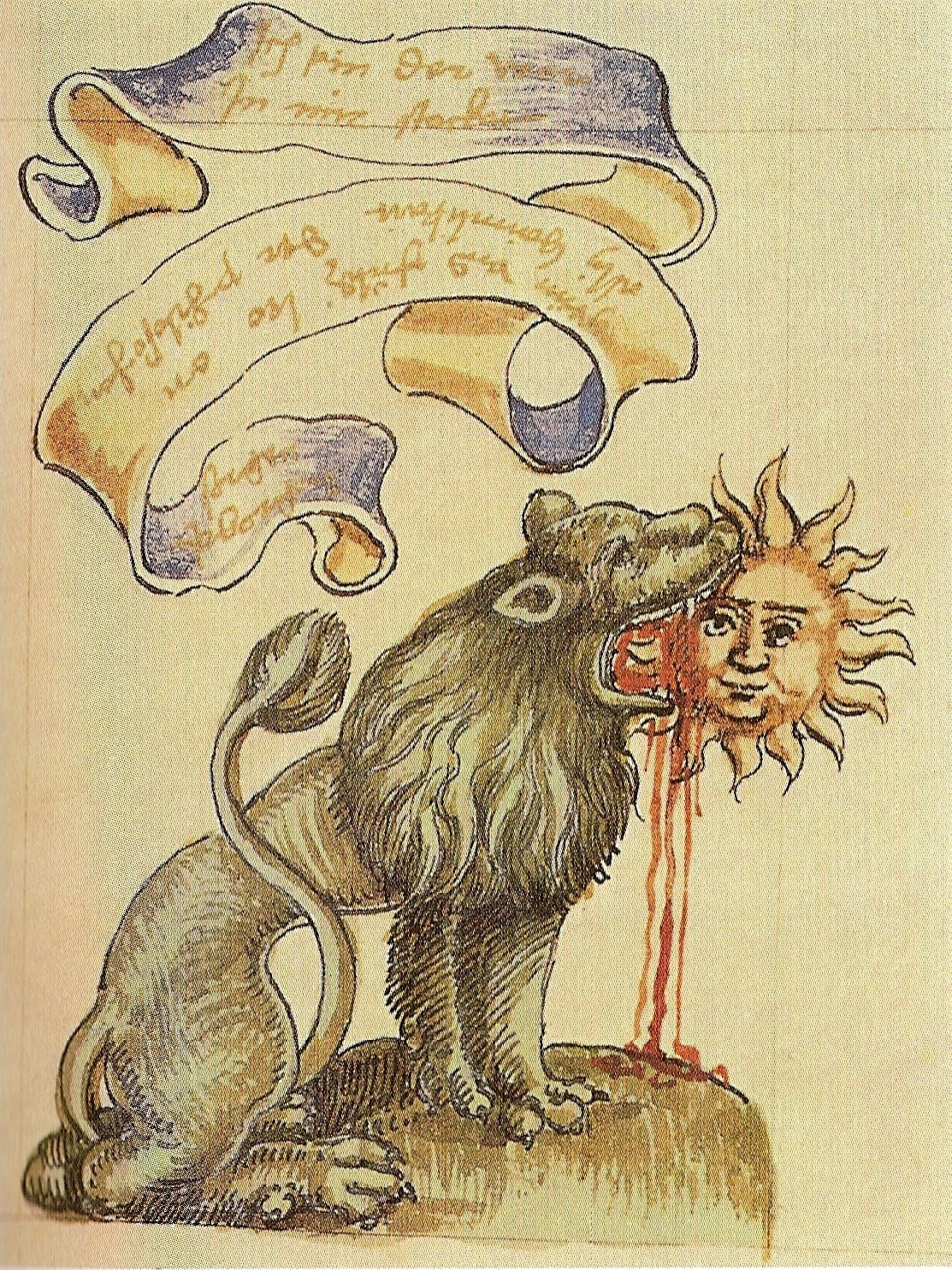 Gravure sur bois du Rosarium philosophorum : un lion vert mord un soleil à visage humain dont le sang s'écoule
