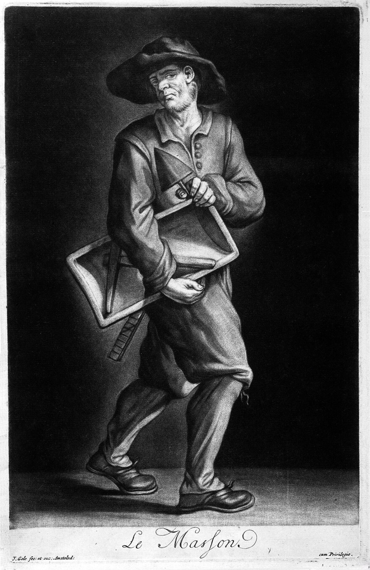 Gravure en manière noire d'un maçon architecte entouré des outils de son métier