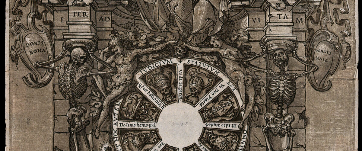 Gravure sur bois du XVIe siècle : un monument couvert de figures et de symboles de la mort