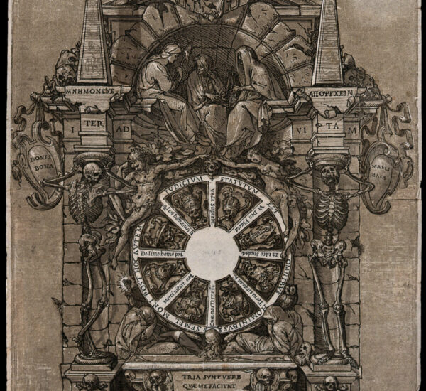 Gravure sur bois du XVIe siècle : un monument couvert de figures et de symboles de la mort