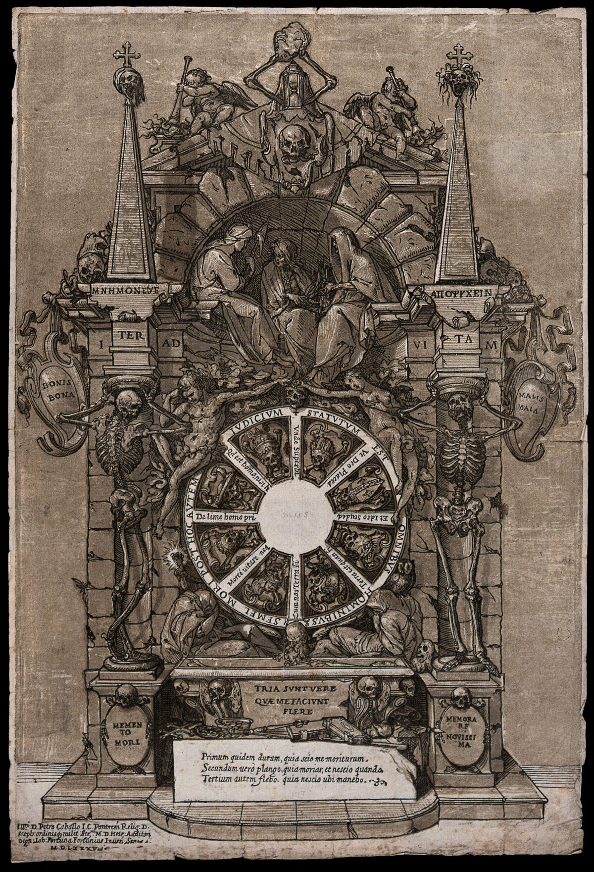 Gravure sur bois du XVIe siècle : un monument couvert de figures et de symboles de la mort
