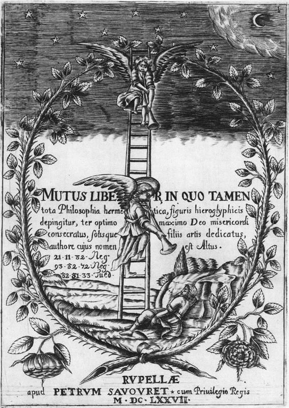Frontispice du Mutus Liber : un homme endormi au pied d'une échelle sur laquelle deux anges soufflent dans des trompettes, dans une couronne de roses