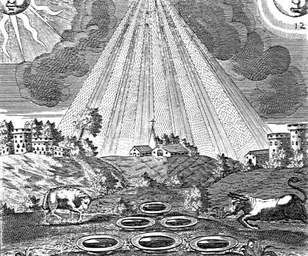 Planche 12 du Mutus Liber : un bélier et un taureau encadrent six coupelles posées au sol sous un triangle de lumière, avec le soleil et la lune
