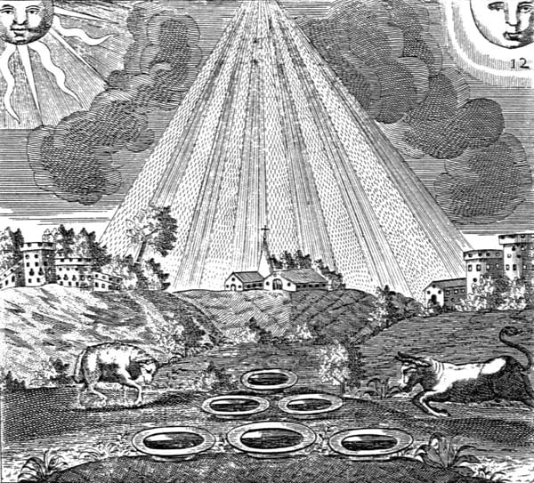 Planche 12 du Mutus Liber : un bélier et un taureau encadrent six coupelles posées au sol sous un triangle de lumière, avec le soleil et la lune