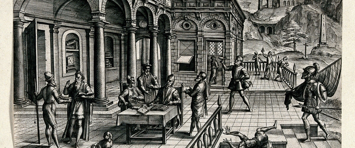Gravure de 1577 associant un âge de la vie à l'ordre dorique de l'architecture classique