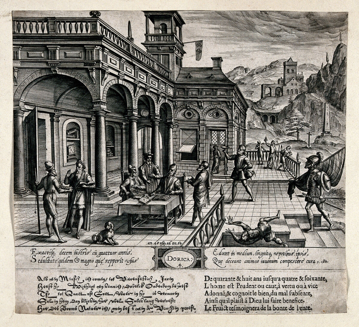 Gravure de 1577 associant un âge de la vie à l'ordre dorique de l'architecture classique