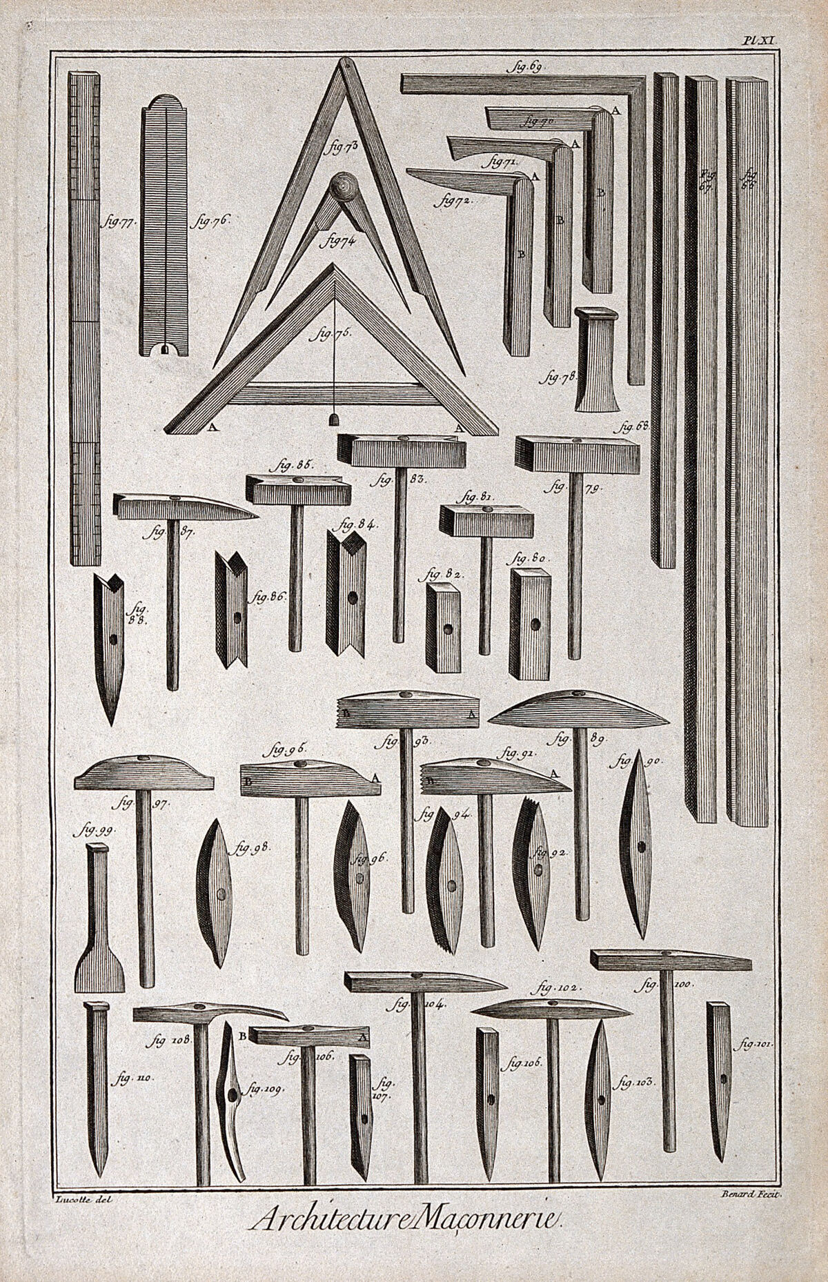 Planche gravée du XVIIIe siècle montrant des outils de maçon et des détails de maçonnerie