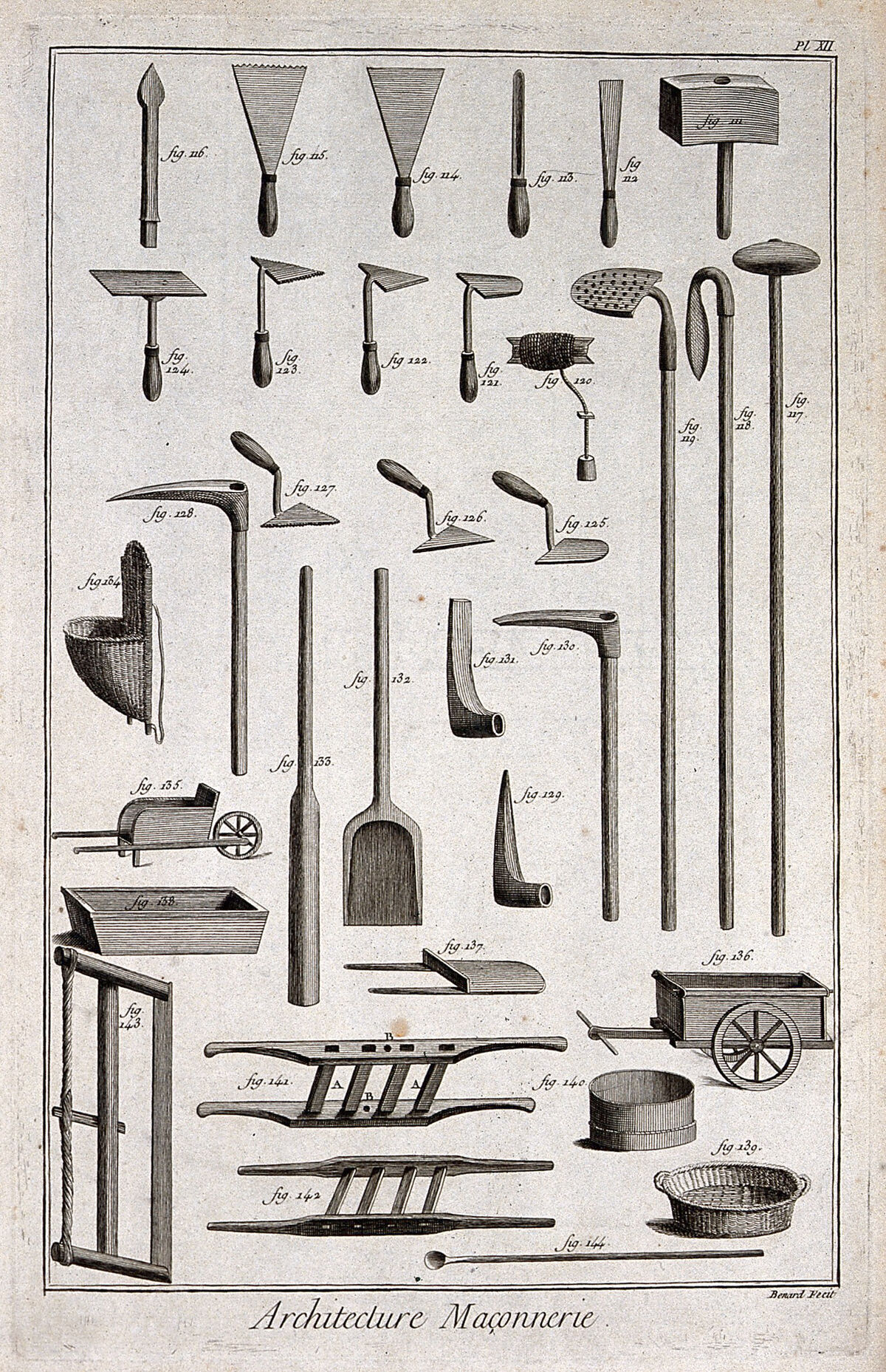 Planche « Architecture, maçonnerie » du XVIIIe siècle représentant des outils de maçon