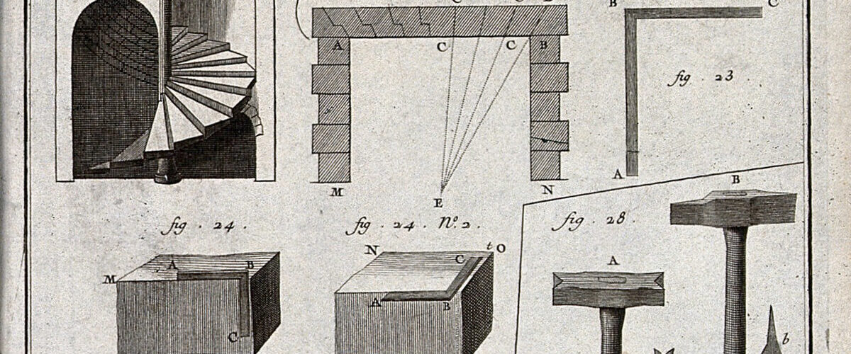 Gravure du XVIIIe siècle montrant un assortiment d'outils de maçon, des blocs de pierre et une règle pliante