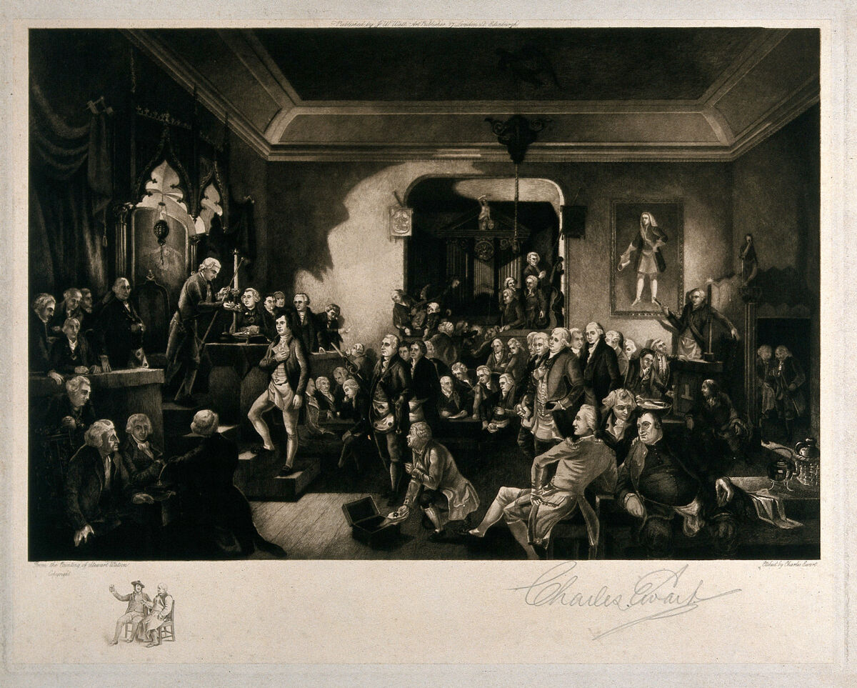 Gravure ancienne d'une réunion de francs-maçons en loge, les membres accomplissant un rituel