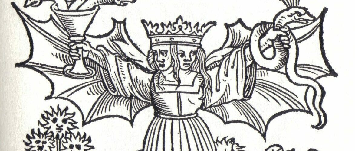 Gravure sur bois du Rosarium philosophorum : figure couronnée à deux têtes, homme et femme, avec des ailes, debout sur un serpent à trois têtes
