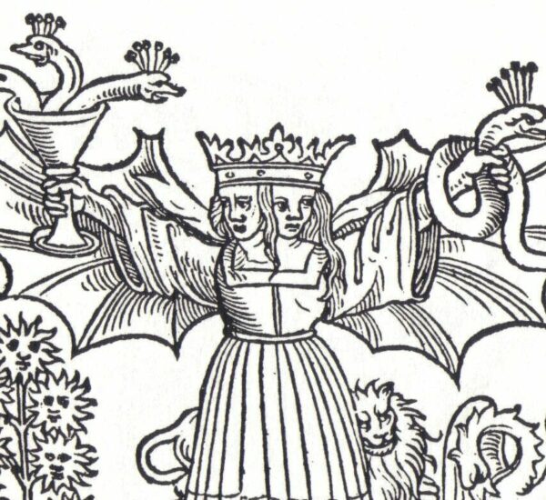 Gravure sur bois du Rosarium philosophorum : figure couronnée à deux têtes, homme et femme, avec des ailes, debout sur un serpent à trois têtes