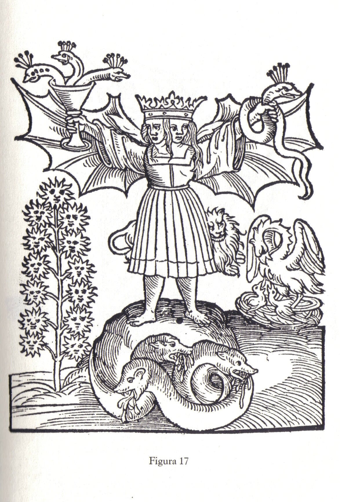 Gravure sur bois du Rosarium philosophorum : figure couronnée à deux têtes, homme et femme, avec des ailes, debout sur un serpent à trois têtes