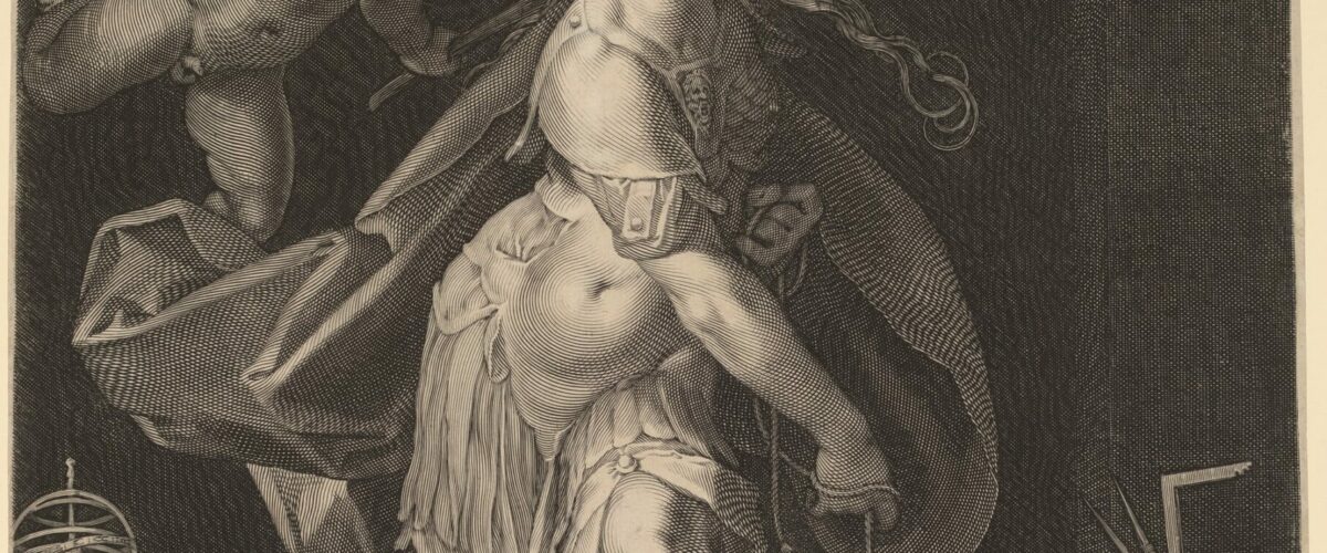 Gravure de 1597 : Minerve casquée, figure de la Sagesse, pose le pied sur une figure couchée représentant l'Ignorance, entourée de livres, d'un globe céleste et d'instruments