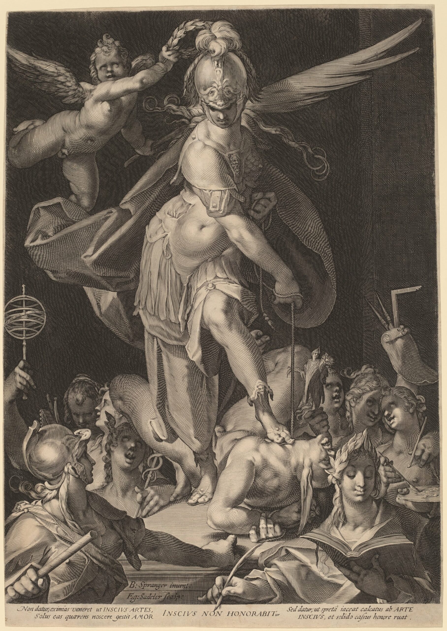 Gravure de 1597 : Minerve casquée, figure de la Sagesse, pose le pied sur une figure couchée représentant l'Ignorance, entourée de livres, d'un globe céleste et d'instruments