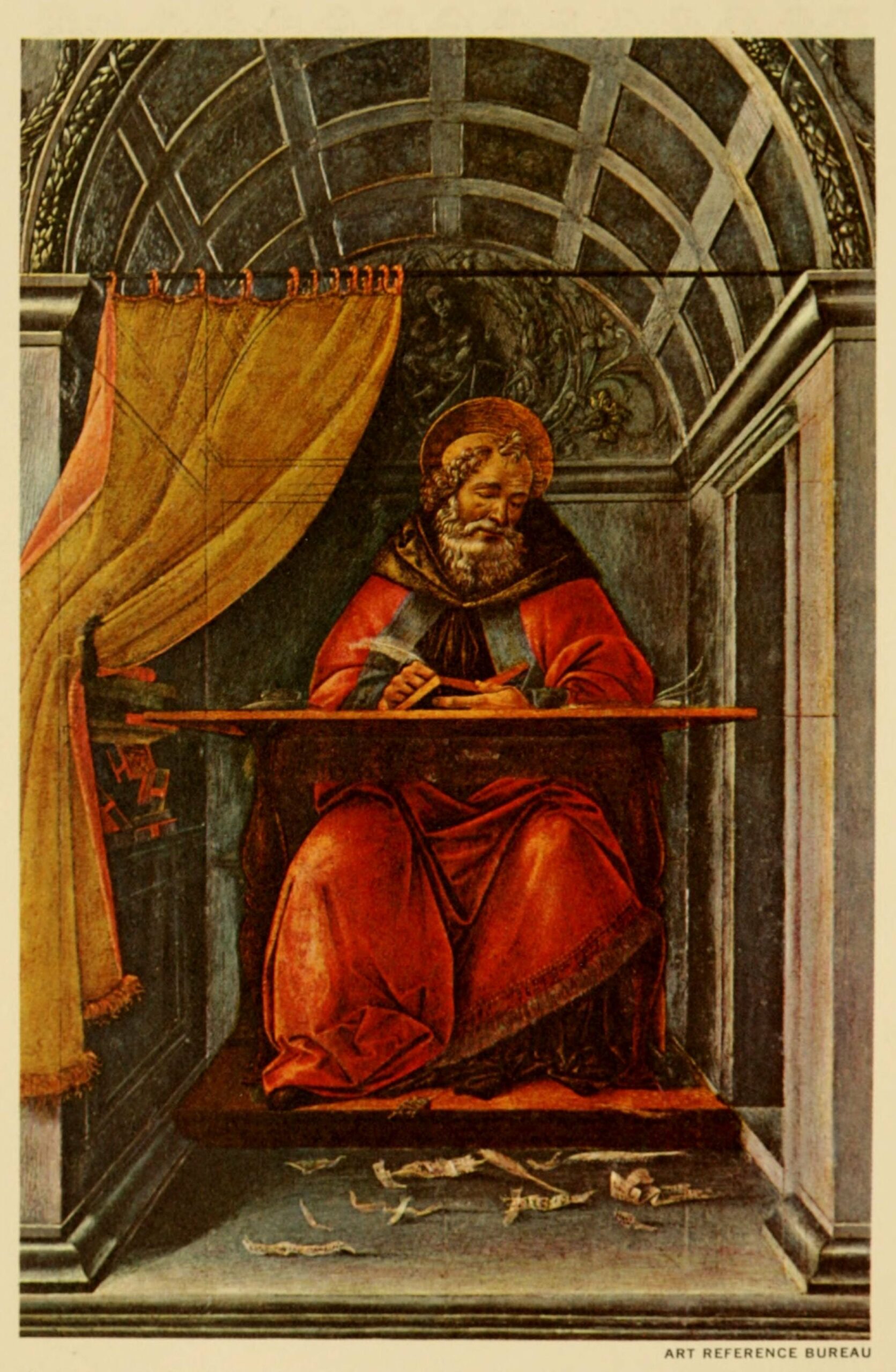 Gravure d'après Botticelli : saint Augustin auréolé, assis à sa table de travail, écrivant dans son cabinet