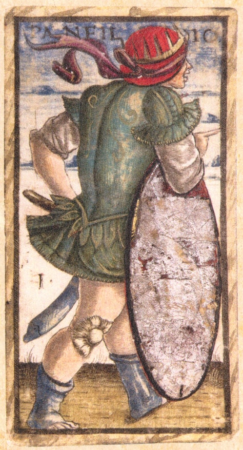 Atout I du tarot Sola Busca, un soldat vu de dos portant un bouclier et un bonnet rouge