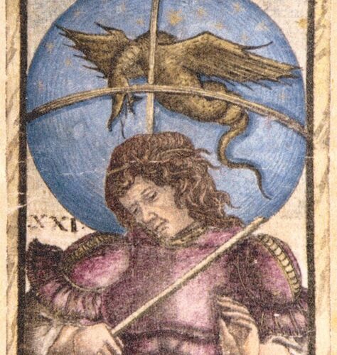 Atout XXI du tarot Sola Busca, Nabuchodonosor, un personnage allongé sous un globe céleste surmonté d'un aigle