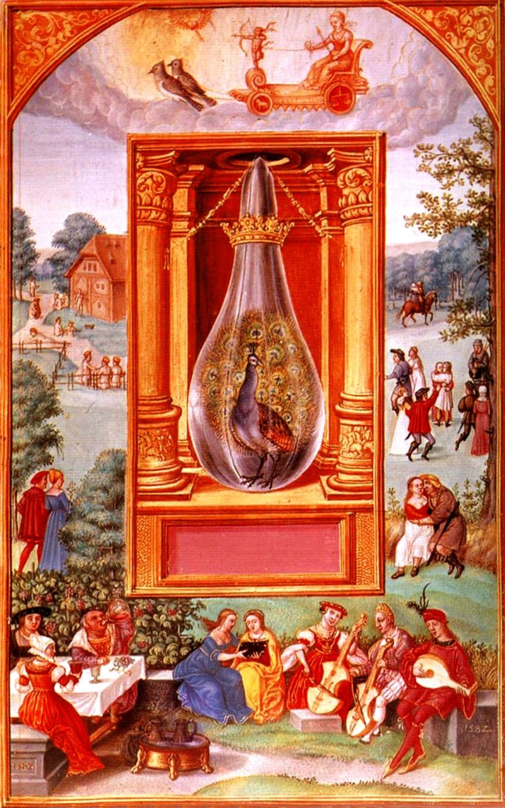 Enluminure du Splendor Solis : un paon déploie sa queue dans une fiole couronnée, sous le char de Vénus