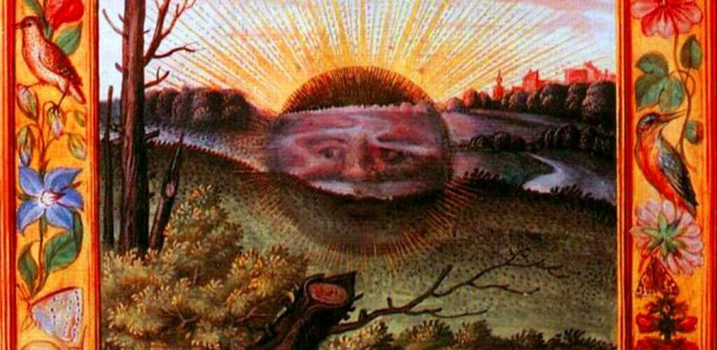 Enluminure du Splendor Solis : un soleil noir se couche sur un paysage sombre