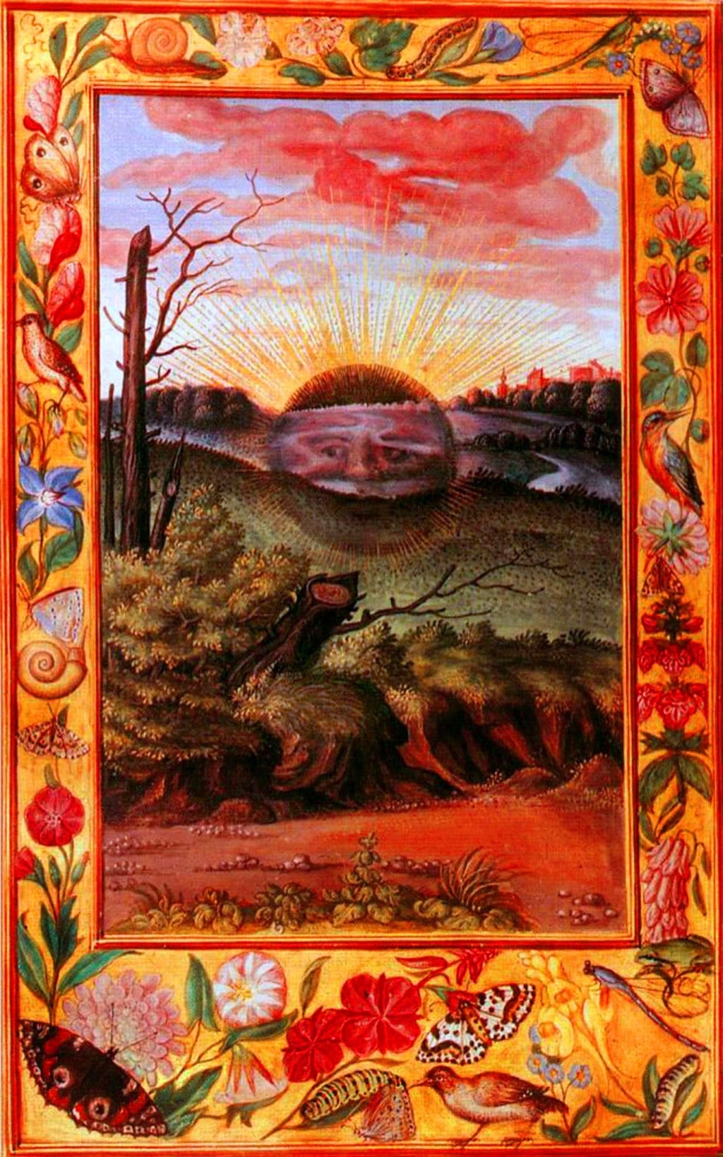 Enluminure du Splendor Solis : un soleil noir se couche sur un paysage sombre