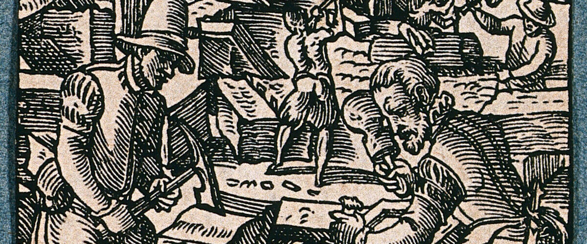 Gravure sur bois du XVIe siècle montrant des tailleurs de pierre travaillant des blocs, colonnes et éléments de construction