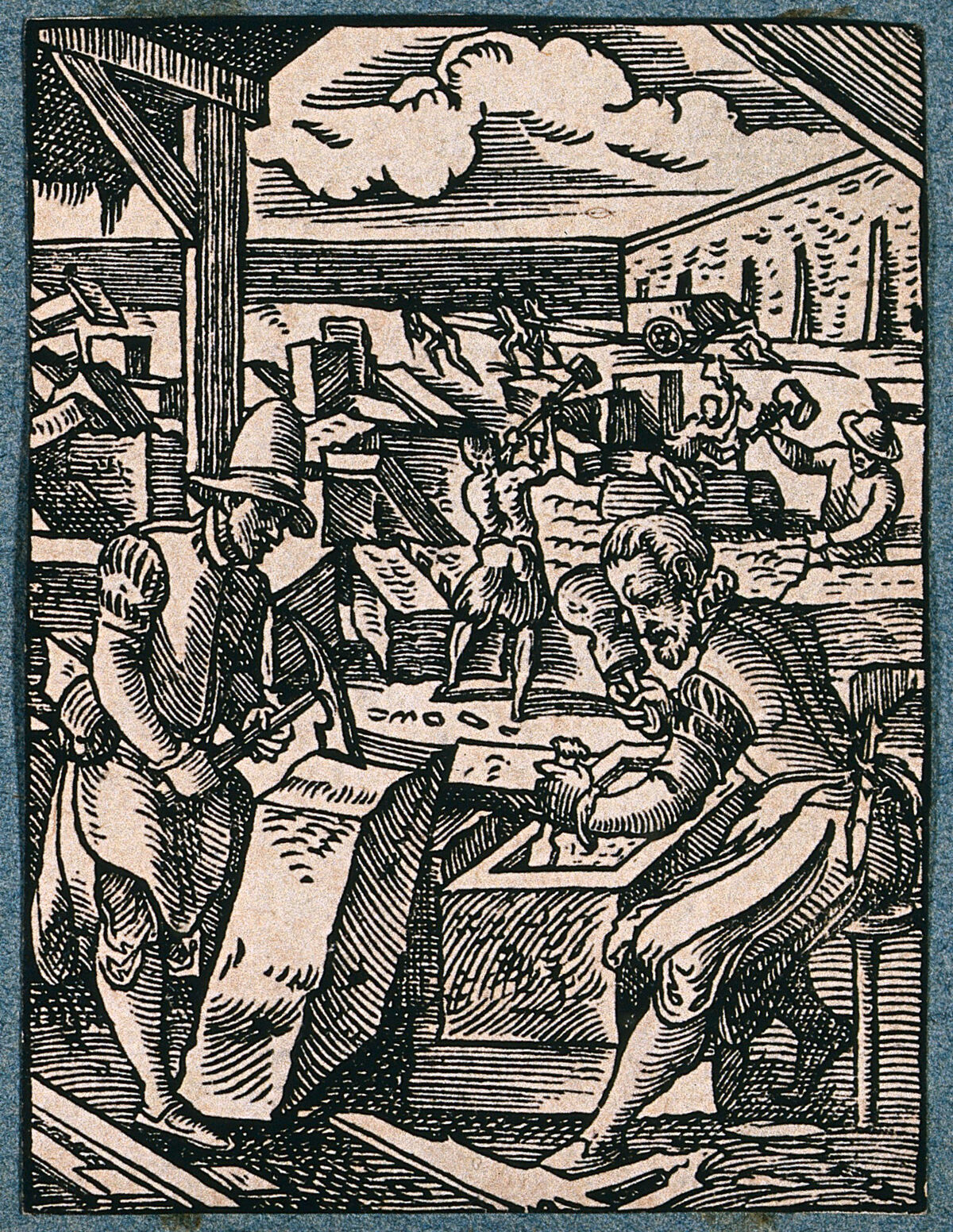 Gravure sur bois du XVIe siècle montrant des tailleurs de pierre travaillant des blocs, colonnes et éléments de construction