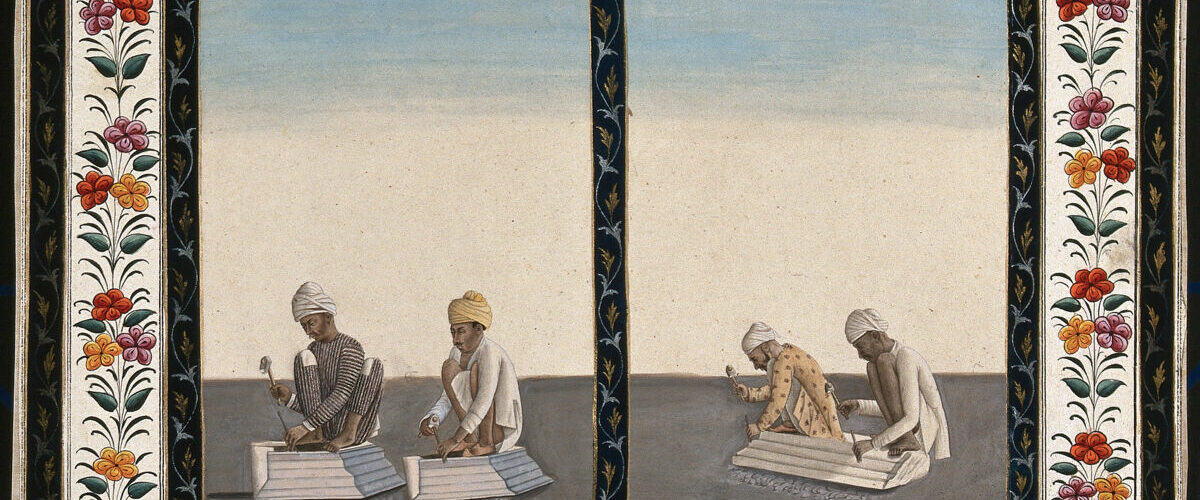 Gouache représentant deux paires de tailleurs de pierre travaillant avec ciseaux et marteaux