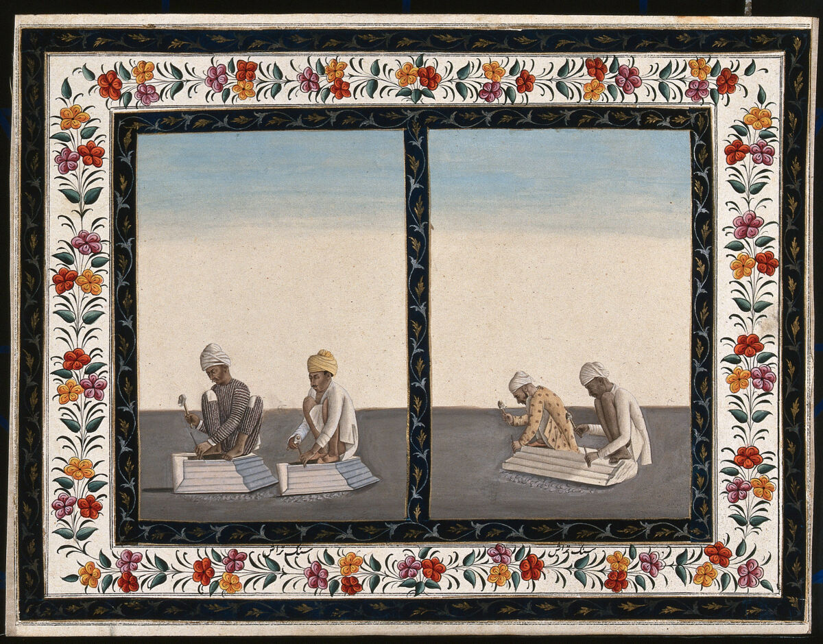 Gouache représentant deux paires de tailleurs de pierre travaillant avec ciseaux et marteaux
