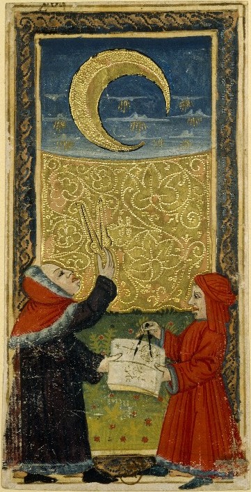 La Lune du tarot dit de Charles VI, carte peinte et dorée du XVe siècle conservée à la BnF