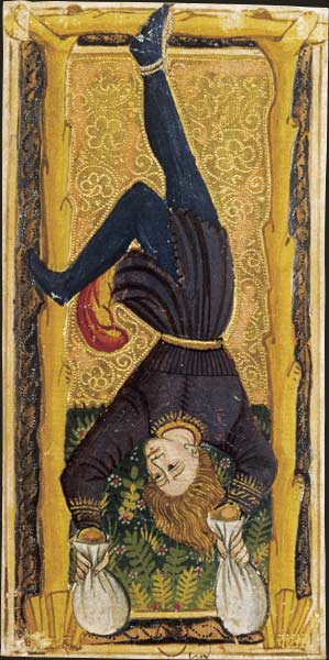 Le Pendu du tarot dit de Charles VI, carte peinte et dorée du XVe siècle conservée à la BnF