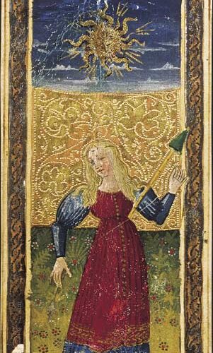 Le Soleil du tarot dit de Charles VI, carte peinte et dorée du XVe siècle conservée à la BnF