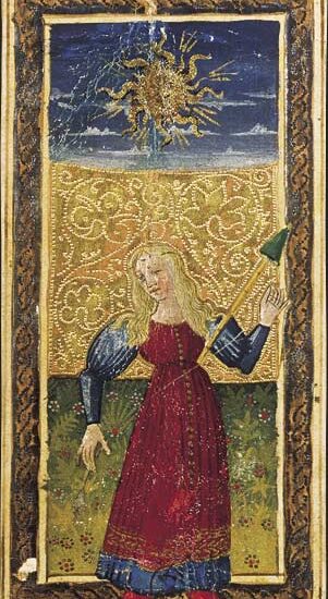 Le Soleil du tarot dit de Charles VI, carte peinte et dorée du XVe siècle conservée à la BnF