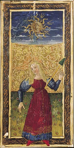 Le Soleil du tarot dit de Charles VI, carte peinte et dorée du XVe siècle conservée à la BnF