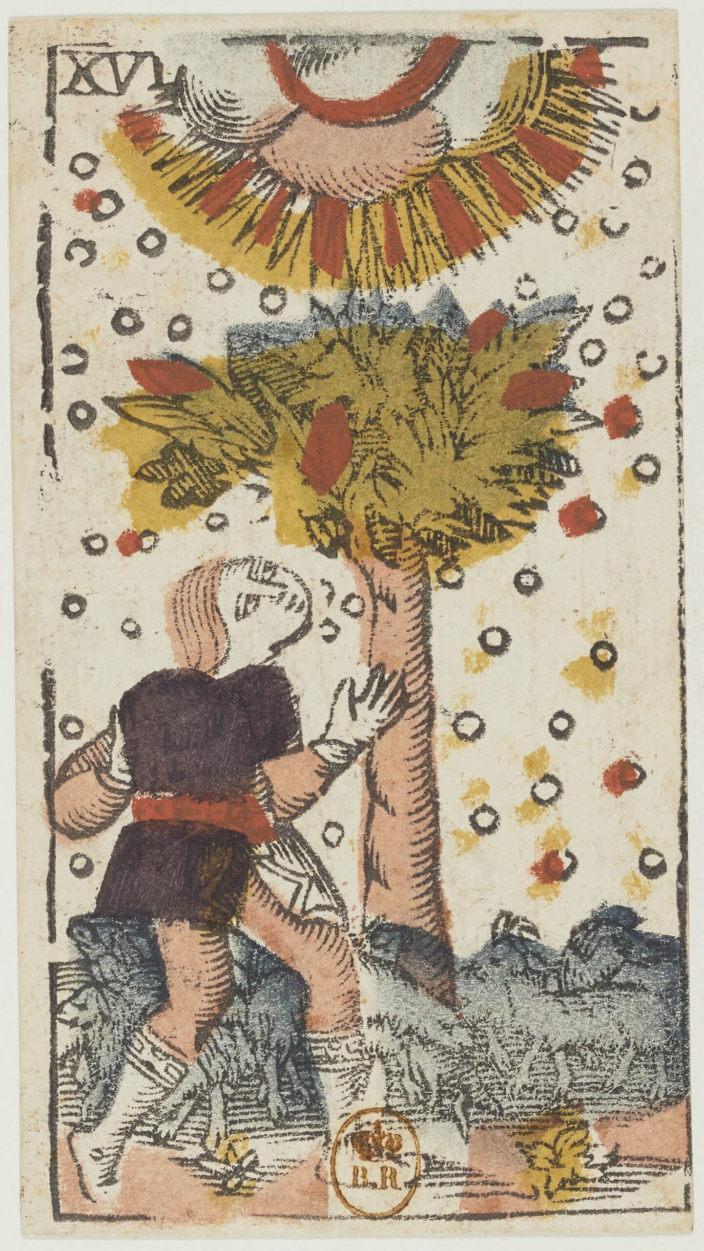 Atout XVI du tarot de Jacques Viéville, un berger et son troupeau près d'un arbre frappé par un rayon venu du ciel